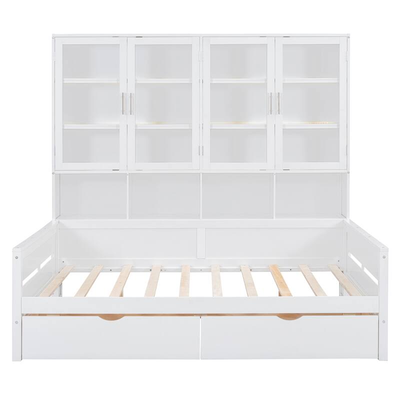 Multi-Functional Wooden Daybed with Drawers,Built-in LED Lighting and Glass-Door Cabinets