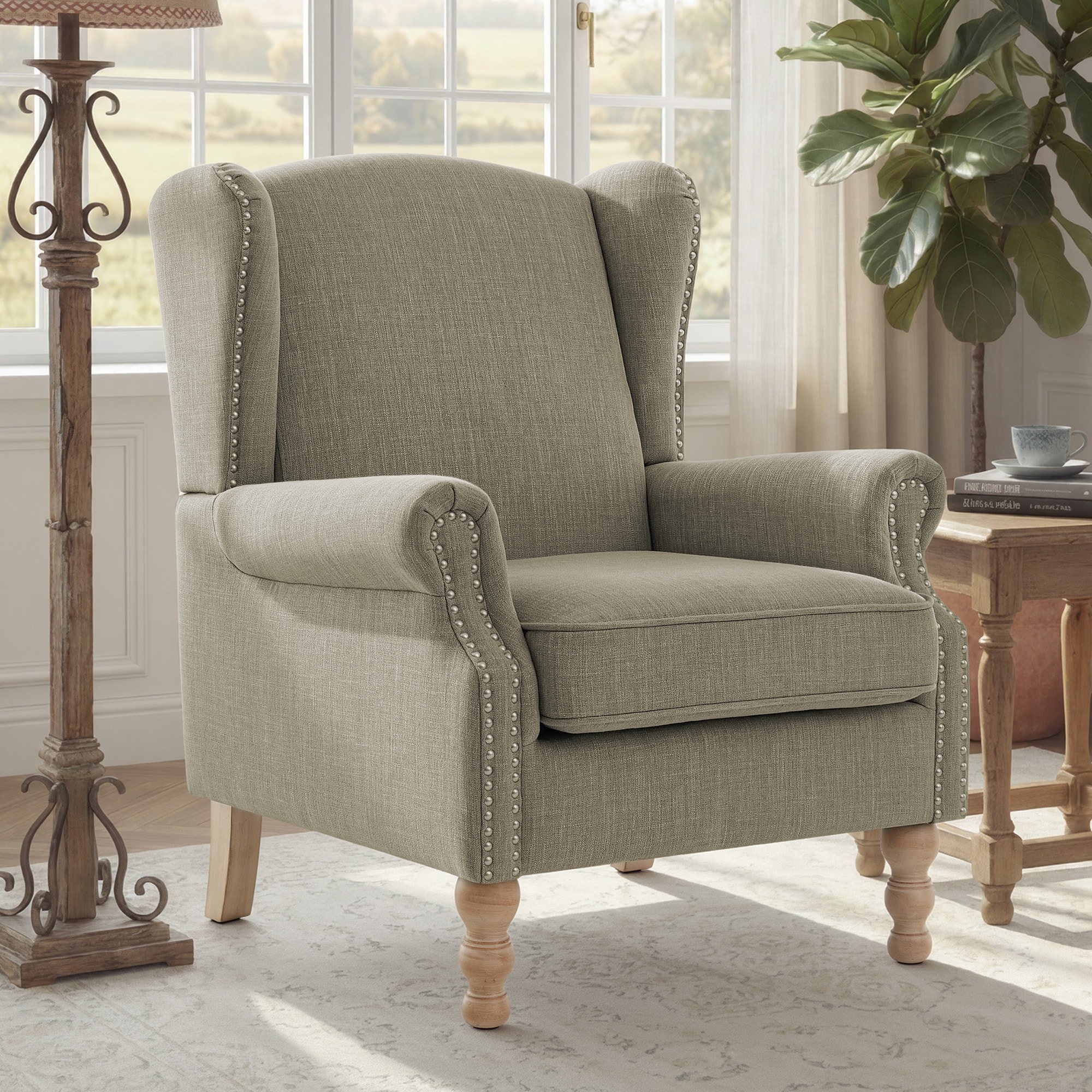 Linen Wingback Accent Chair, English Country Armchair with Nailhead Trim and Rolled Arms for Living Room