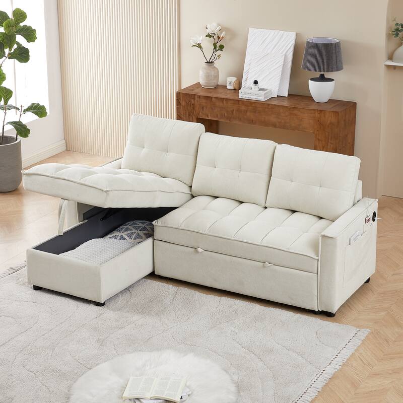 L-Shaped Reclining Sofa with Pull-Out Bed, USB Charging Ports and Storage, Arm Side Organizer for Living Room Comfort