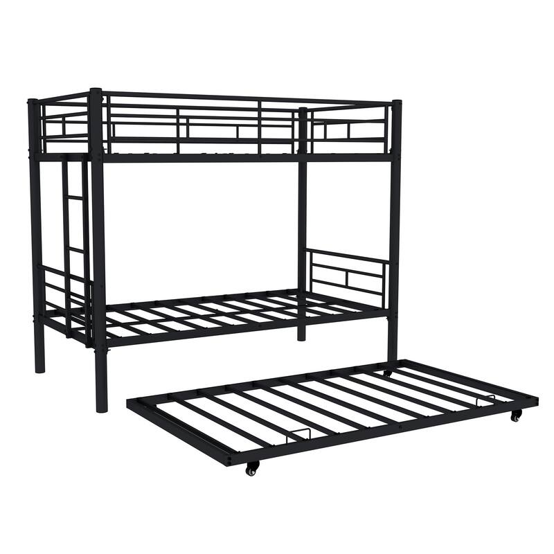 Metal Twin Over Twin Bunk Bed Frame with Ladders and Guardrail, Convertible to 2 Beds, Optional Trundle Bed