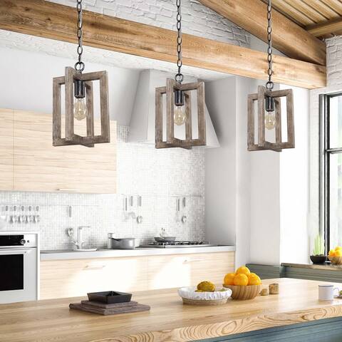 Farmhouse Rustic Wood Pendant Cage Geometric Mini 1-light Hanging Ceiling Light - D8" x H10.5"