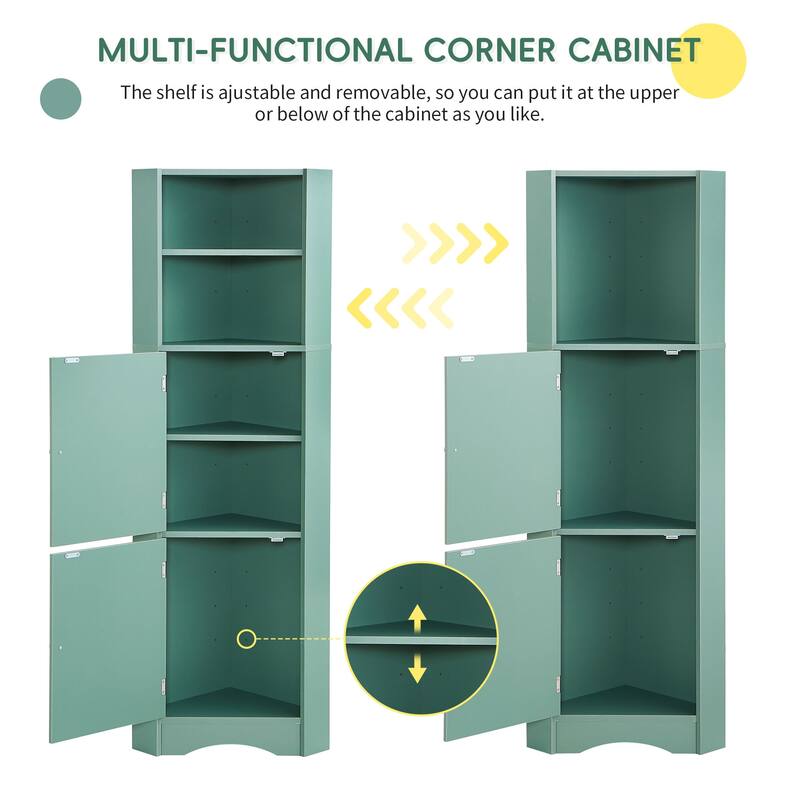 Tall Bathroom Corner Cabinet, Triangle Wood Storage Cabinet, Freestanding Pantry Cabinet with 2 Doors & Adjustable Shelves