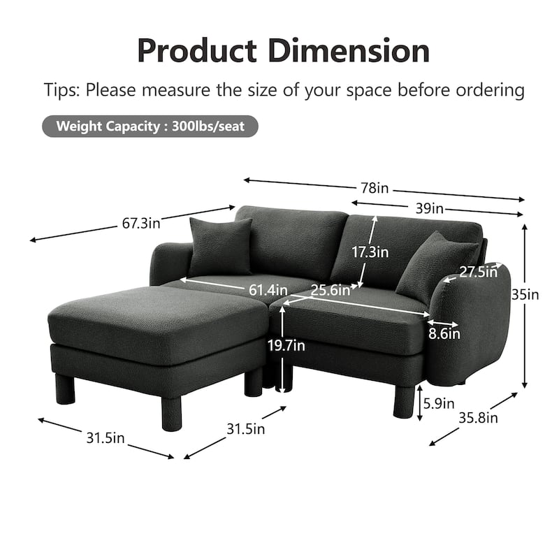 Loveseat Sofa, 78" 2-Seater Upholstered Couch Modern Sectional Couches with Shell-shaped Armrests for Living Room