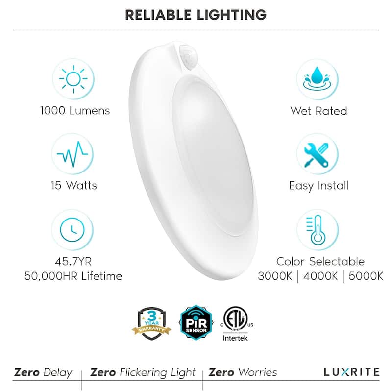 Luxrite 6in LED Motion Sensor Ceiling Light 3 Color Selectable 3000K-5000K 30s Timeout 15W 1000 Lumens
