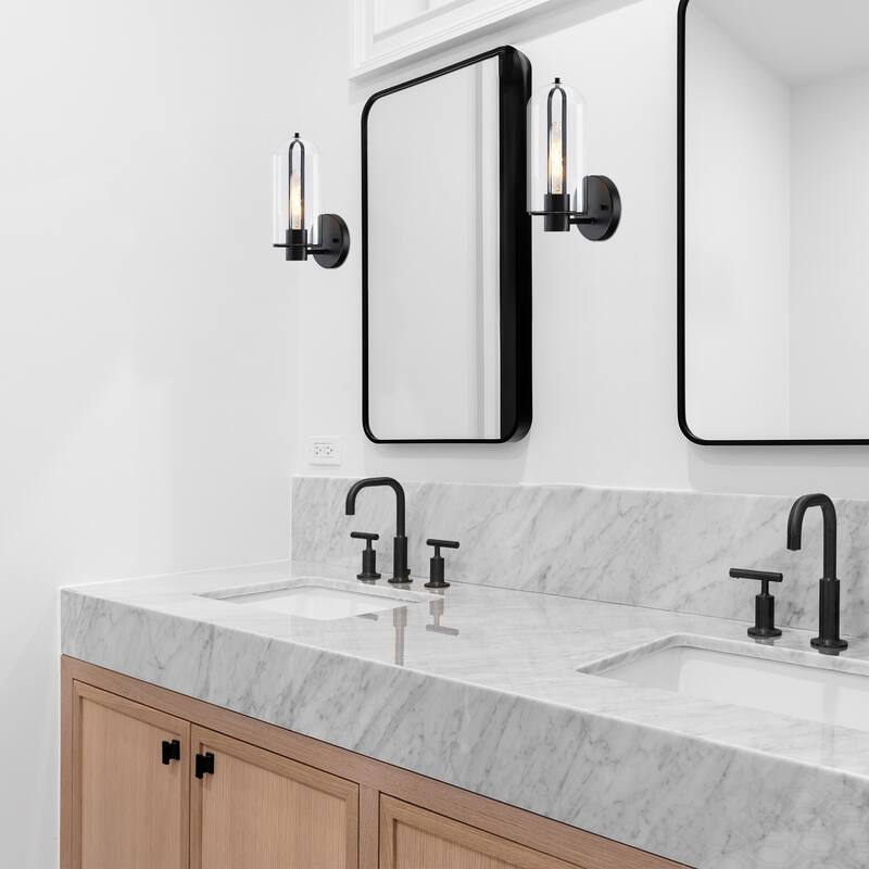 Skylar 5.25 in. 1-Light Matte Black Wall Sconce Light with Clear Glass Shade for Bathrooms