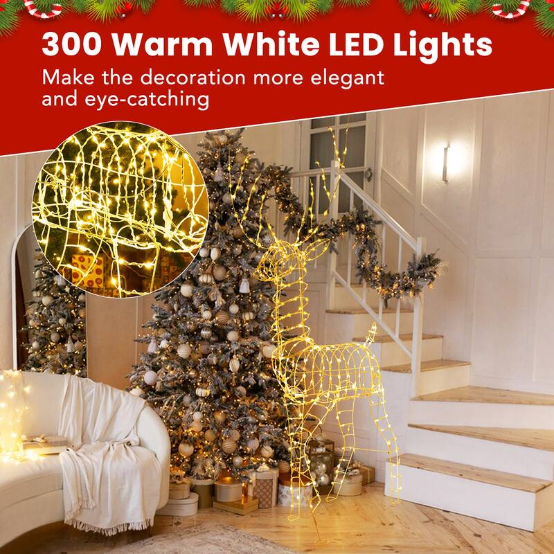 Gymax 6 ' Pre-Lit Christmas Reindeer w/ 300 Warm White LED Lights - Multi - See Details