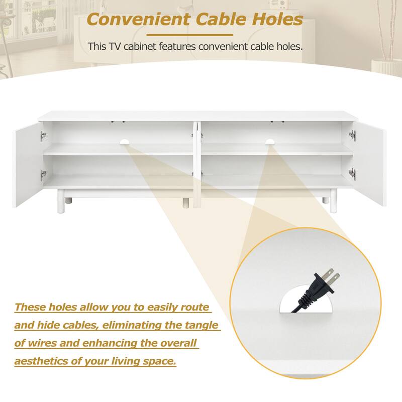 TV Stand with Arch Cabinets with Solid Wood Legs, Adjustable Shelves