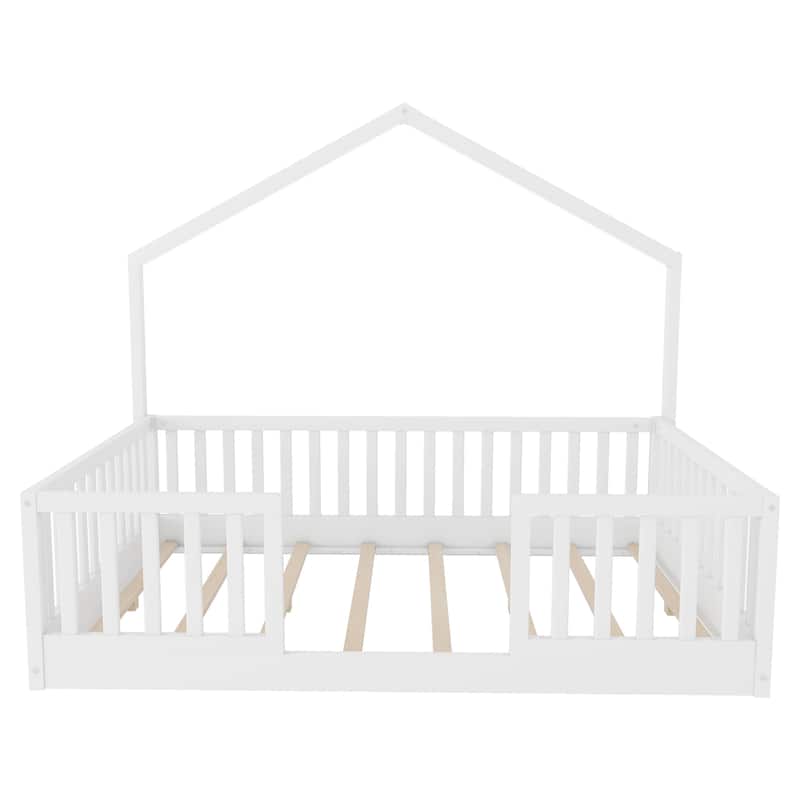 Wooden Floor Bed House-shaped Frame, Montessori Floor Bed with Light and High Rails, Wood Slat Support Floor Daybed