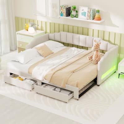 Twin XL Size Upholstered Daybed with 2 Drawers and LED Light,Twin XL to King Daybed