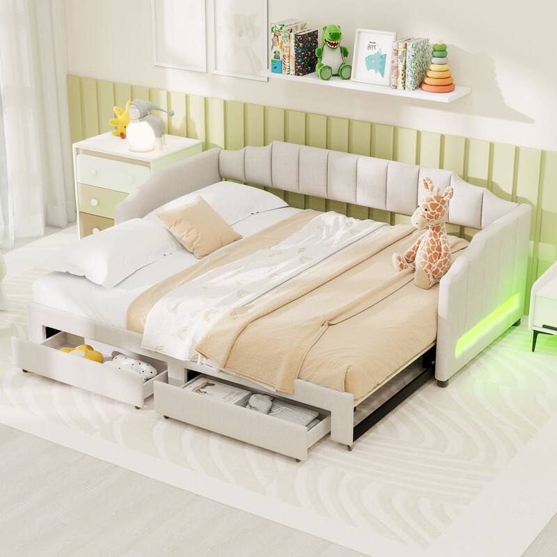 Twin XL to King Size Daybed, Extendable Upholstered Sofa Bed Frame with Two Storage Drawers and LED Light - Beige
