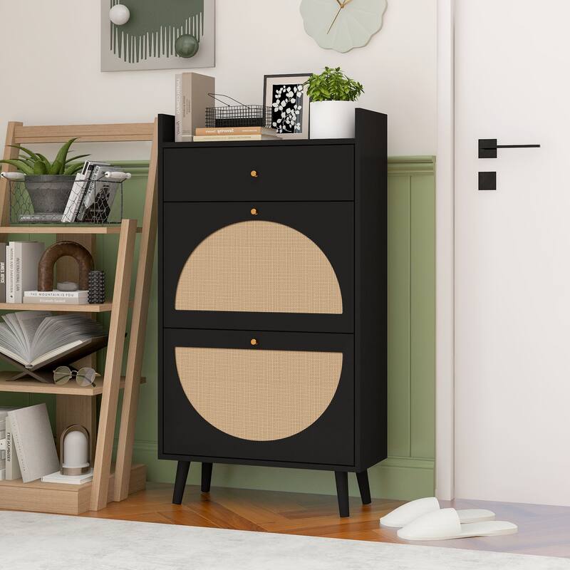 Anmytek Black Rattan Shoe Cabinet with Flip Doors 43 Inch Entryway Storage Organizer