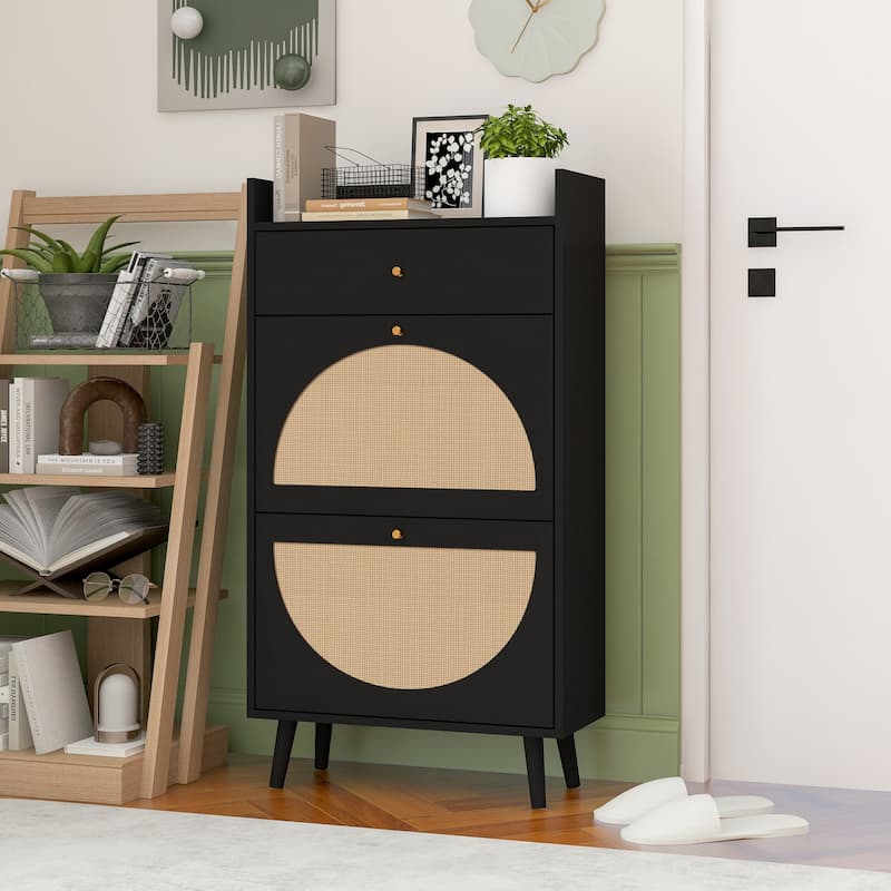 Roomfitters Rattan Shoe Cabinet with Drawer, 2 Door Slim Shoe Storage Rack, Entryway Organizer