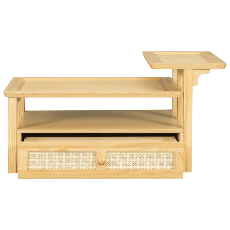Roomfitters Modern Coffee Table with Open Shelf, Dual Tabletops and Rattan Accent Storage