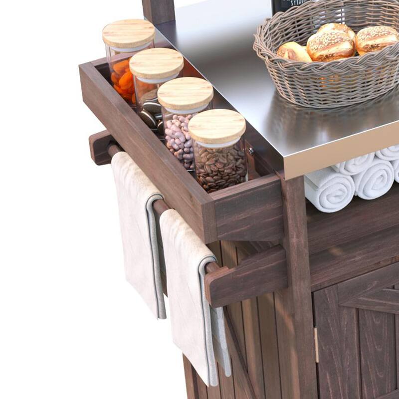 53.3" Outdoor Kitchen Island with Raised Shelf,Solid Wood Storage Cabinet with Stainless Steel Top(NO CHAIR) - N/A