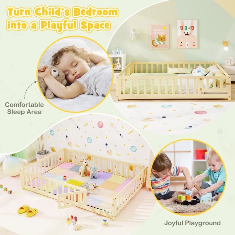 Montessori Floor Bed Frame with Full-length Guardrails Safety Door and Plywood Slats