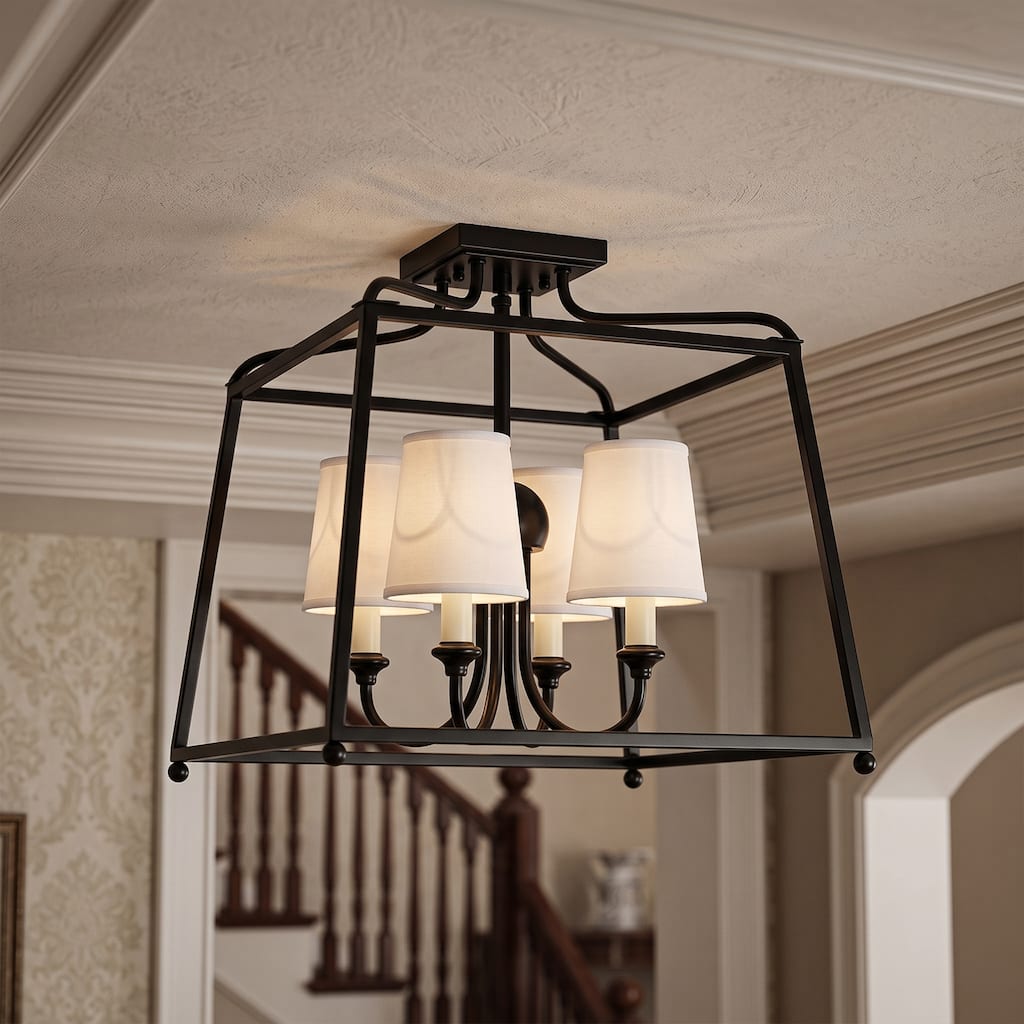 15.7 in. 4-Light Modern Gold Lantern Semi-Flush Mount Ceiling Light with White Fabric Shades
