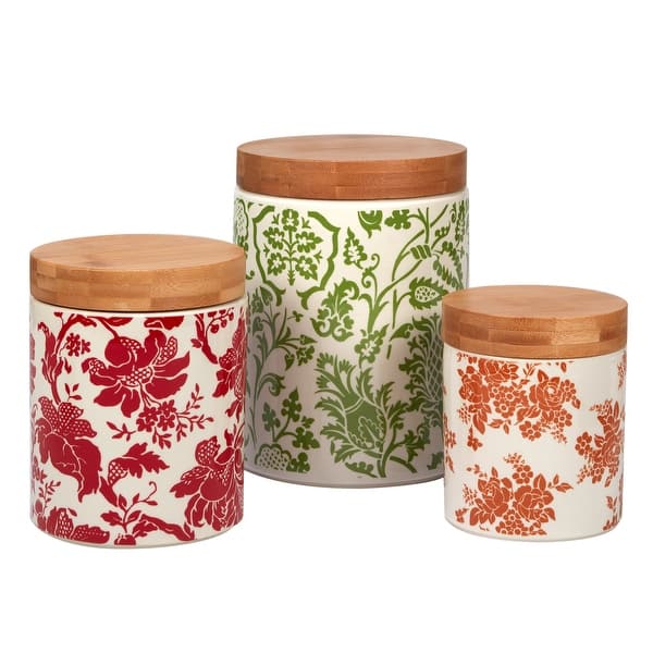 slide 1 of 7, Certified International Damask Floral 3-piece Canisters with Bamboo Lids