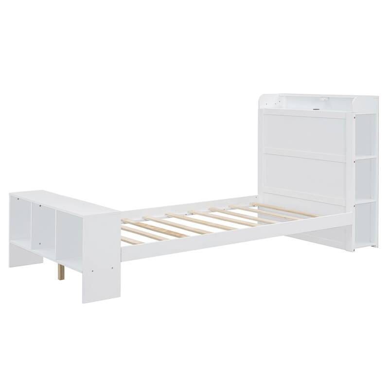 HomeRoots White Wood Twin Bed Frame With USB