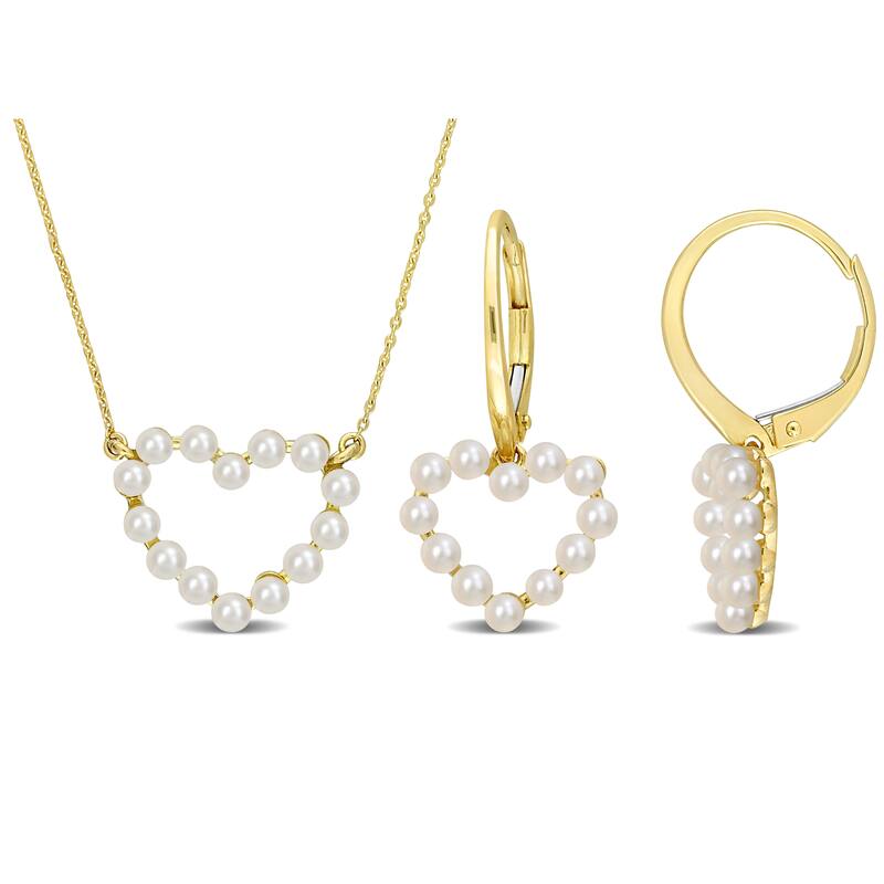 Miadora 2 Piece Set of 2-2.5mm Cultured Freshwater Pearl Heart Earrings Necklace 14K Yellow Gold