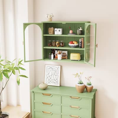 Green Wall Cabinet with Arched Glass Door / Sideboard Storage Cabinet