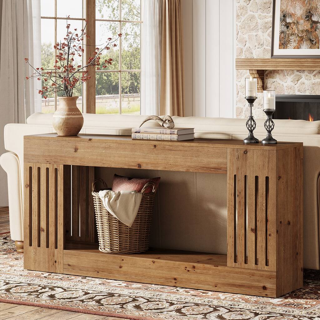63-Inch Farmhouse Sofa Table, Solid Wood Sofa Console Behind Couch