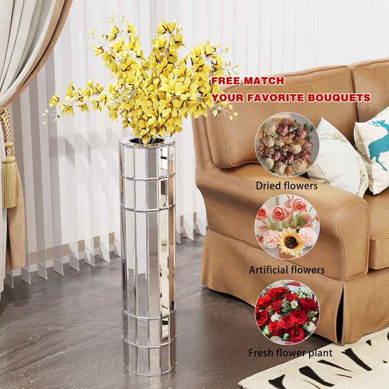29.92"(76cm)Tall Floor Vase Mirrored Silver Round Vase for Home Decor Mirrored Glass Decorative Modern Vase Ideal