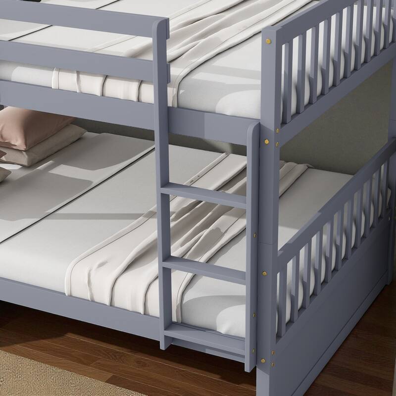 Full Over Full Rubber Wood Bunk Bed with Trundle, Convertible into Two Full Beds, Ladder and Guardrails Included