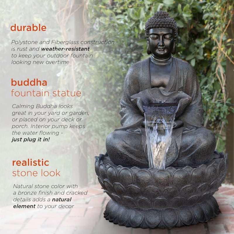 Alpine Corporation WIN1170 Outdoor Floor Calming Buddha Statue Waterfall Fountain with Realistic Stone Look, 53", Gray