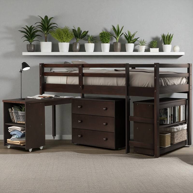 Twin/Full Size Low Loft Bed with Cabinet, Rolling Desk and Bookshelf, Solid Wood Frame for Kids