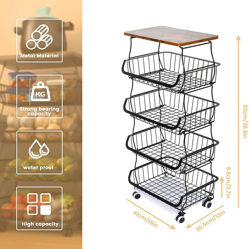 5/6-Tier Stackable Fruit Basket, Rolling Metal Cart with Wheels