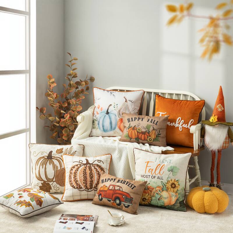 Glitzhome Fall Velvet Pillow Cover With Word Thankful Decor