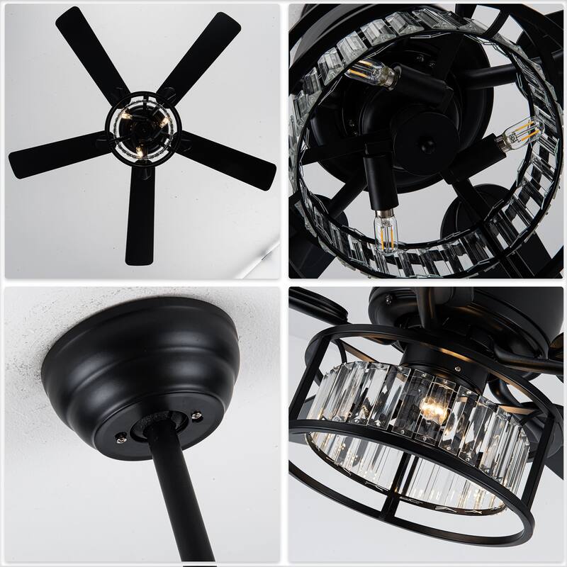 Chichoice 52" Modern Mute Black Crystal Ceiling Fan with Lights and Remote, 6 Speeds DC Motor Reversible Chandelier Ceiling Fan