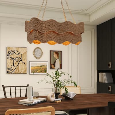 Mira 6-Light Handwoven Linear Large Island Light Boho Chandelier for Dining Room Kitchen Island Living Room in Brass - 38 Wide