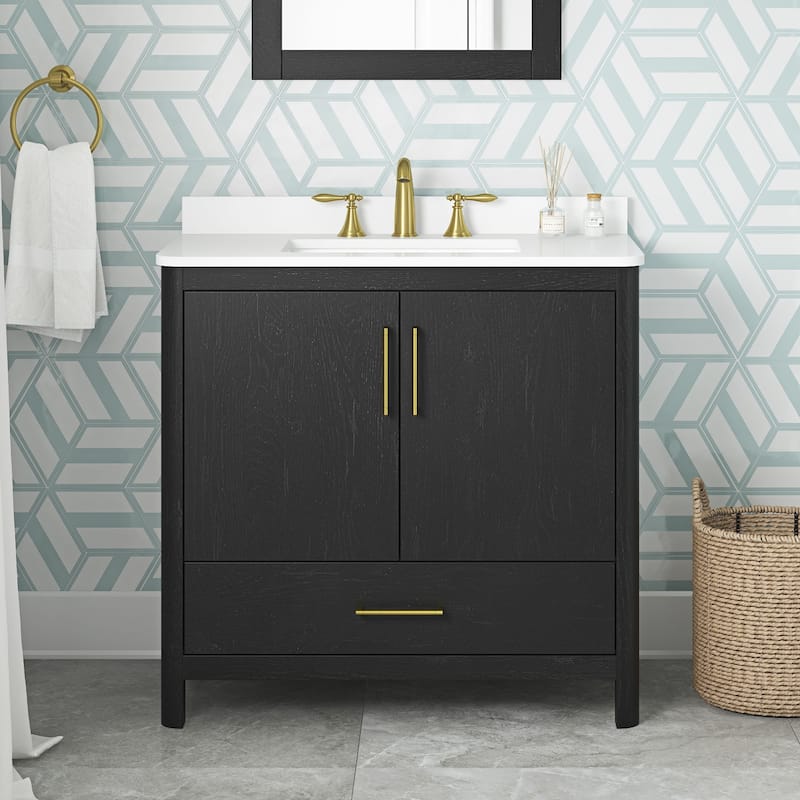 REN Selections Dario Freestanding Bathroom Vanity with Single Sink, Engineered Marble Countertop with Backsplash Included - 36" - Brown