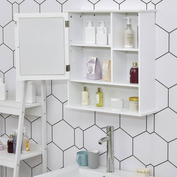 Shop Black Friday Deals On Kleankin Wall Mounted Bathroom Storage Cabinet Organizer With Mirror Adjustable Shelf And Magnetic Door Design White Overstock 32485623