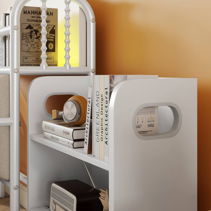 Twin Size Metal Platform Bed Frame with Light, Kids Twin Metal Bed with Upholstered and Pull Out Storage Shelves