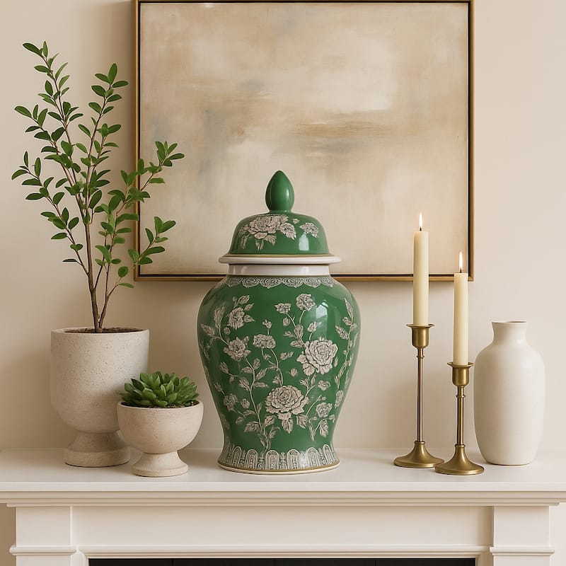 Decorative Bird and Flower Temple Jar with Lid - 18.25"