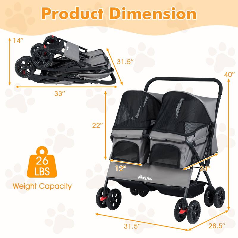 Gymax Double Pet Stroller w/ 2-seater Carrier Adjustable Sunshade