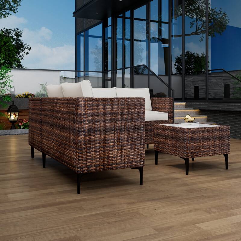 4-Piece Rattan Patio Set – Modular Sectional with Storage Box & Glass Table, Weather-Resistant for Outdoor Lounge,
