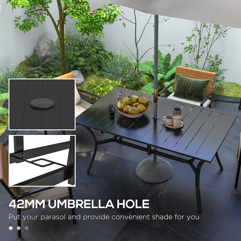 Rectangle Outdoor Dining table for 6 People, Steel Rectangular Patio table with Umbrella Hole