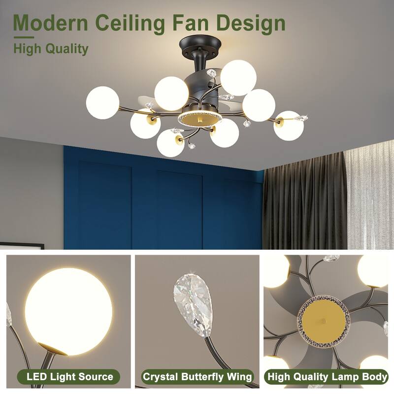 Ceiling Fan with Milky Glass Globe Shade, Modern Low Profile Reversible Fandelier for Bedroom