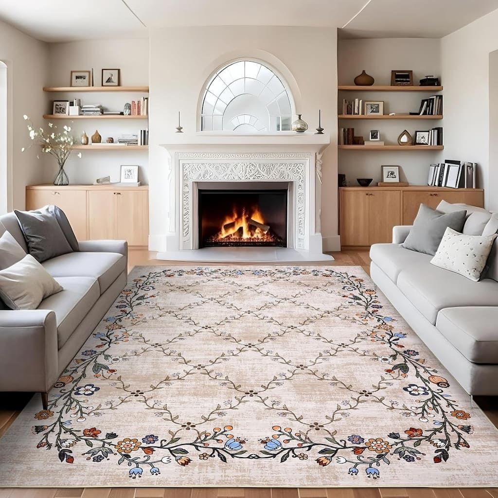 Area Rug Washable Rug Farmhouse Floral Floor Carpet with Rubber Backing