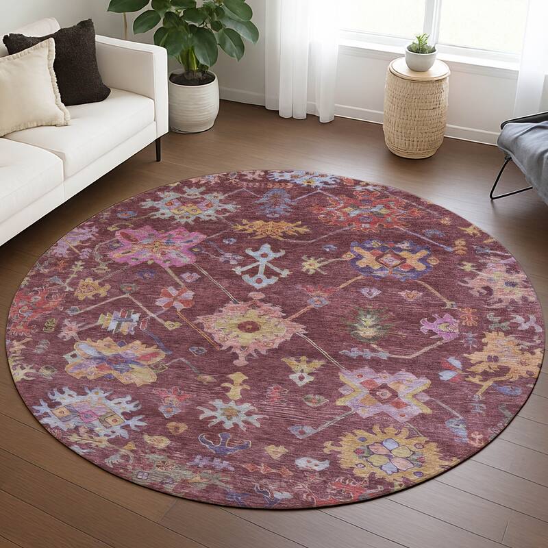 Machine Washable Indoor/ Outdoor Boho Traditional Chantille Rug - 8' x 8' - Burgundy