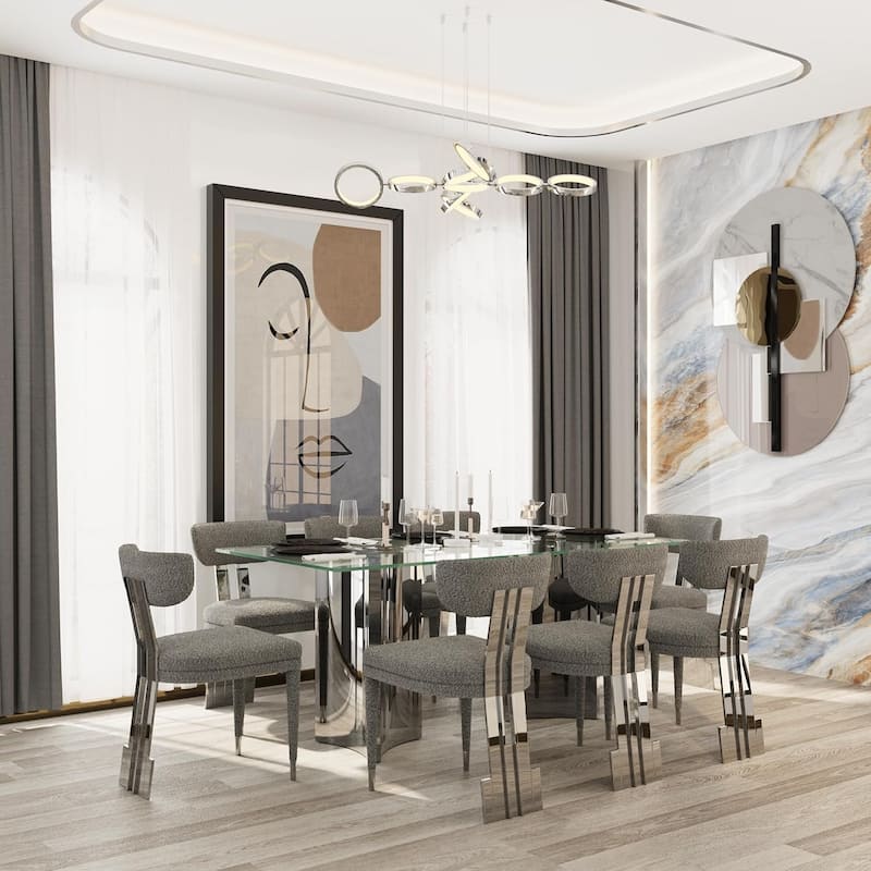 70 inch Clear Tempered Glass Dining Table Set with Grey Boucle Dining Chairs - Mirrored Silver - Table with 8 Chairs
