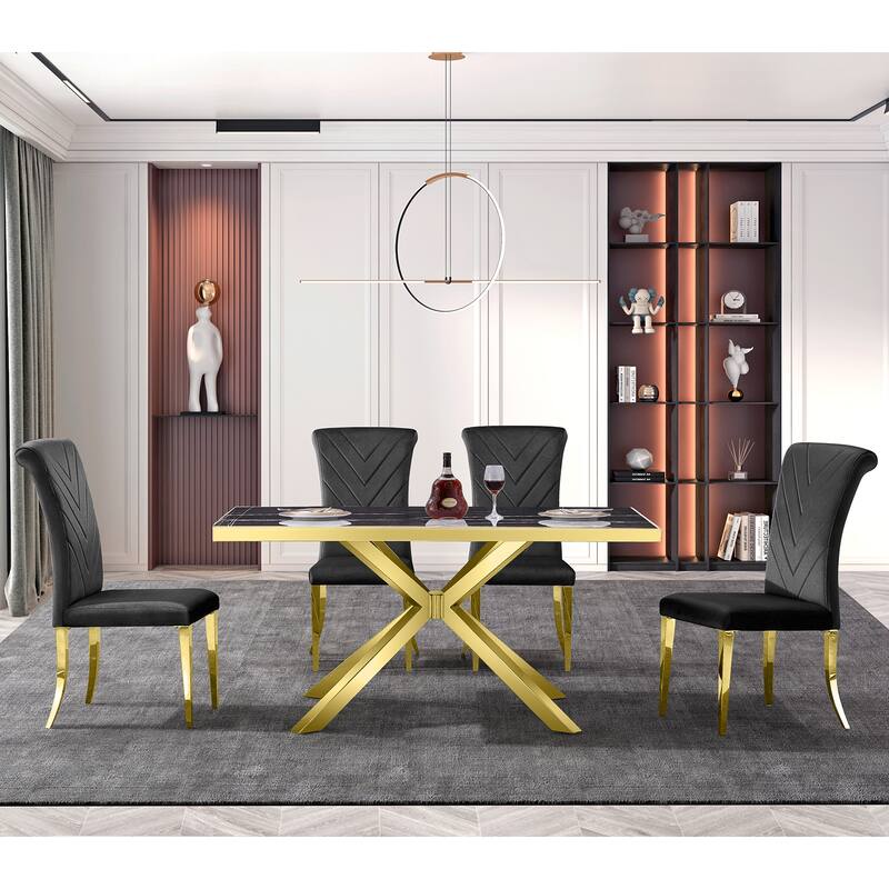 72 inch Rectangle Dining Table with Double Circle Pedestal in Black Gold