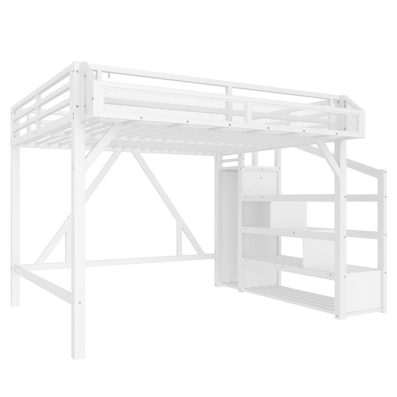 Roomfitters Metal Loft Bed with Wardrobe and Storage Stairs, LED Lights and USB