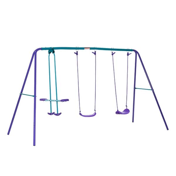slide 2 of 9, Metal Swing Set with Glider,Two Swing Seats and Adjustable Height,Outdoor Heavy Duty A-Frame Suitable for Playground - Purple Purple