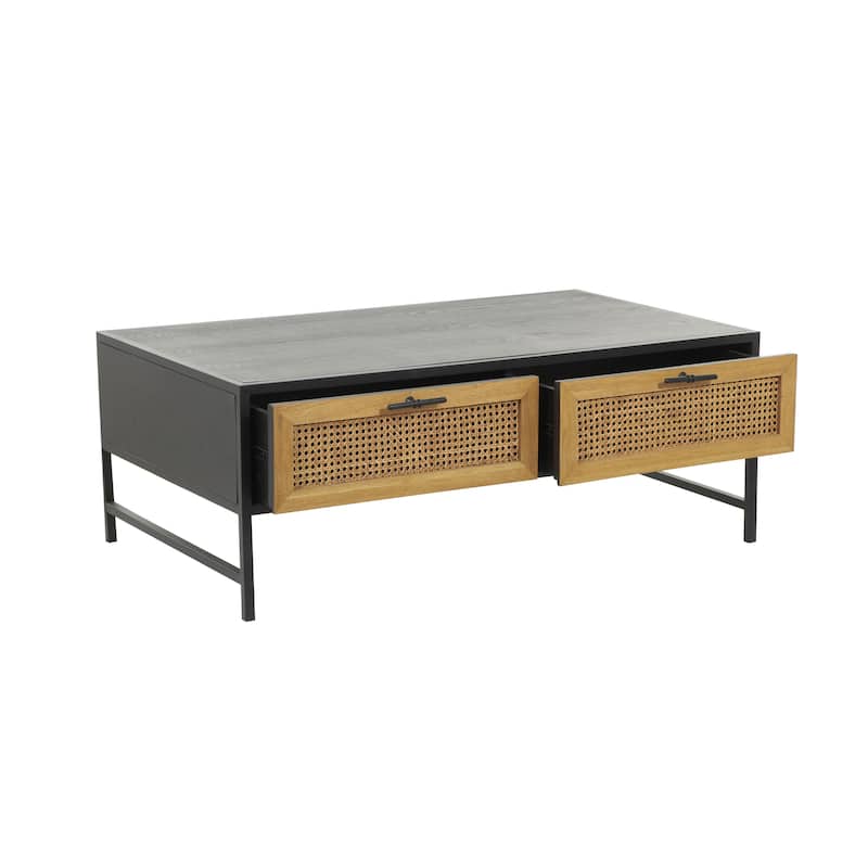 Wooden Handmade 2 Drawer Coffee Table with Rattan Drawer Fronts - Black - Roche River Decor