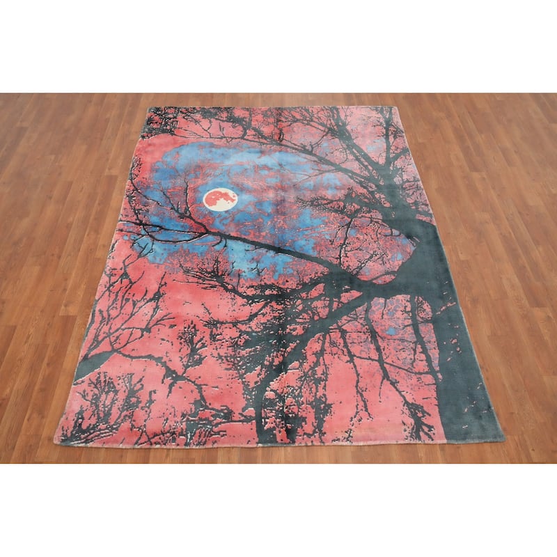 Hand Knotted Oriental Viscose Silk Carpet Modern Pictorial Pink Abstract Area Rug - 7' 8'' X 5' 7''
