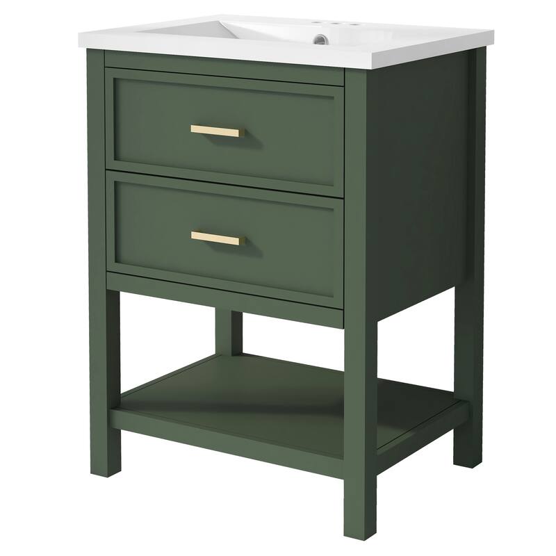 Freestanding Single Sink Storage Cabinet Bathroom Vanity with Tip-out Drawer, U-shaped Drawer, Open Shelf and Gold Metal Handles